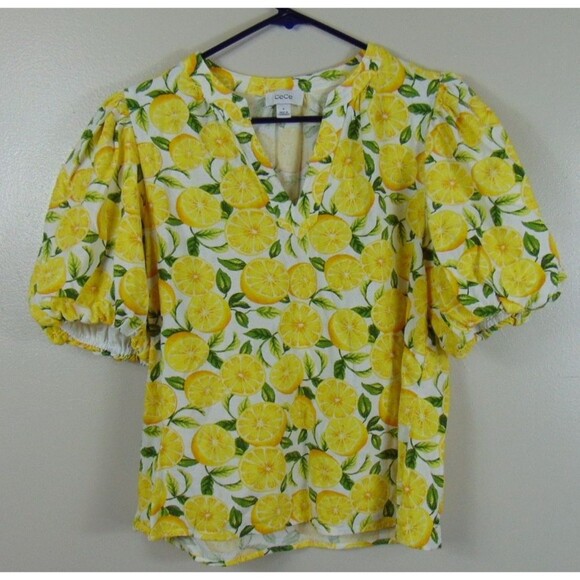 CeCe Tops - CeCe Top Womens Medium Lemon Print Puff Sleeve Linen Blend V-Neck Yellow Fruit